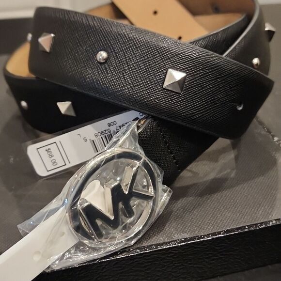 Michael Kors Studded Silver MK Logo Buckle Leather Belt